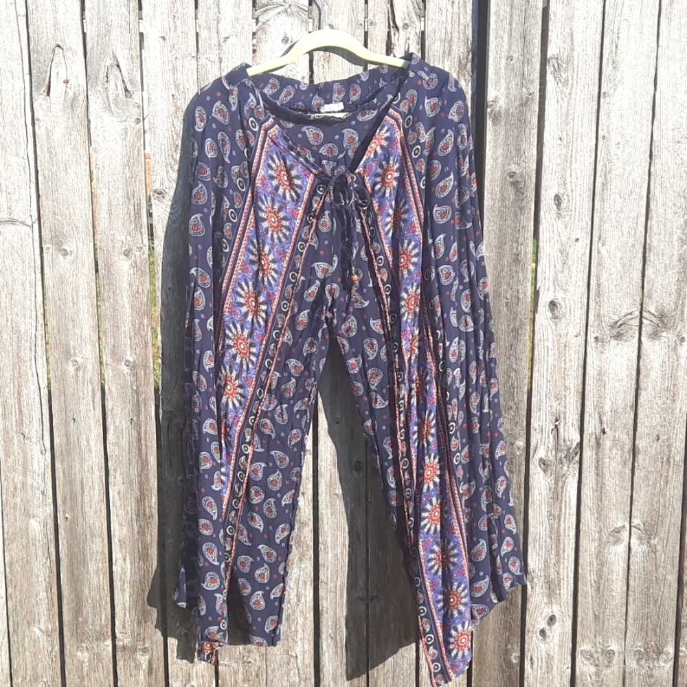 Lua Nova M Dark Blue Rayon Boho Bohemian Harem Flower Pant